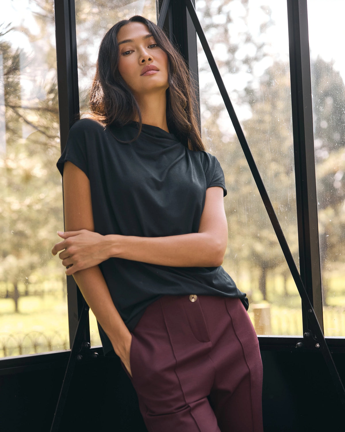 Black $|& SEAS Ariana Draped Mock Neck Top - SOF Side