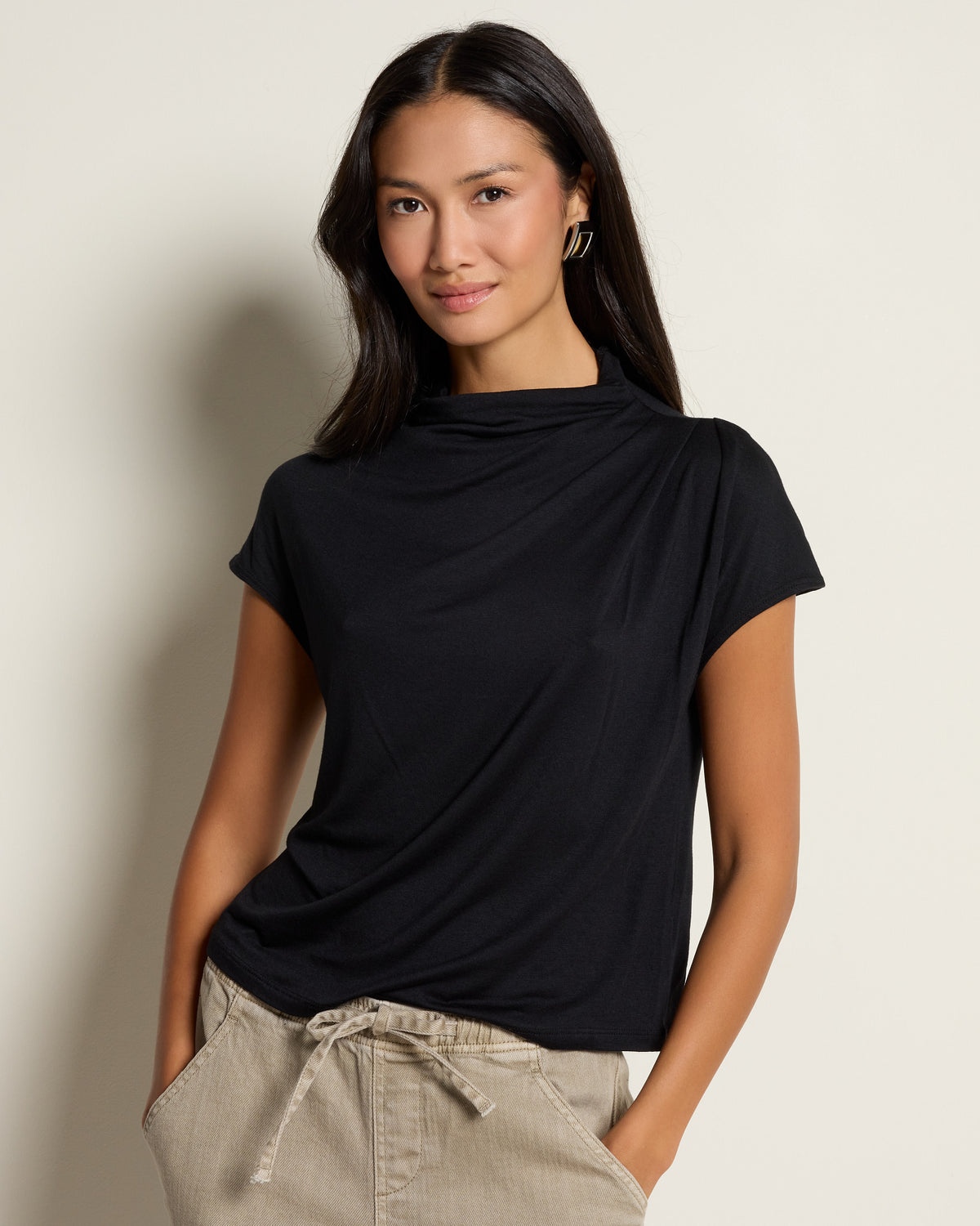 Black $|& SEAS Ariana Draped Mock Neck Top - SOF Front