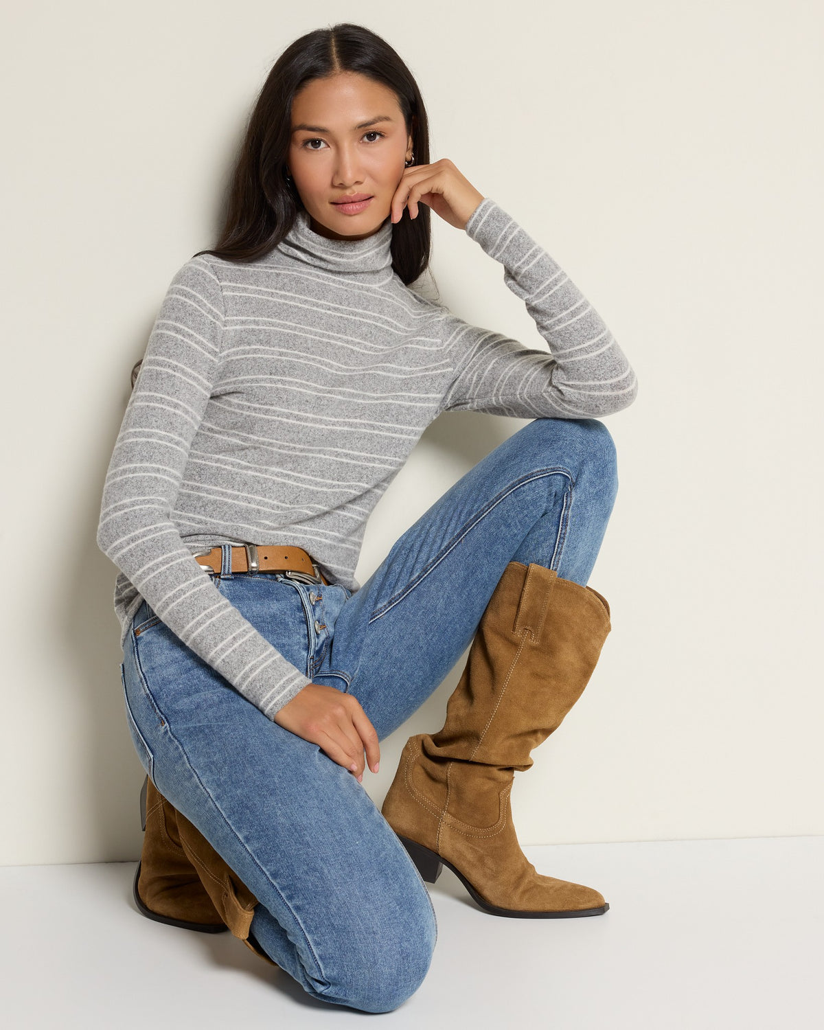 Heather Grey White $|& SEAS Elena Long Sleeve Turtleneck Top - VOF Front