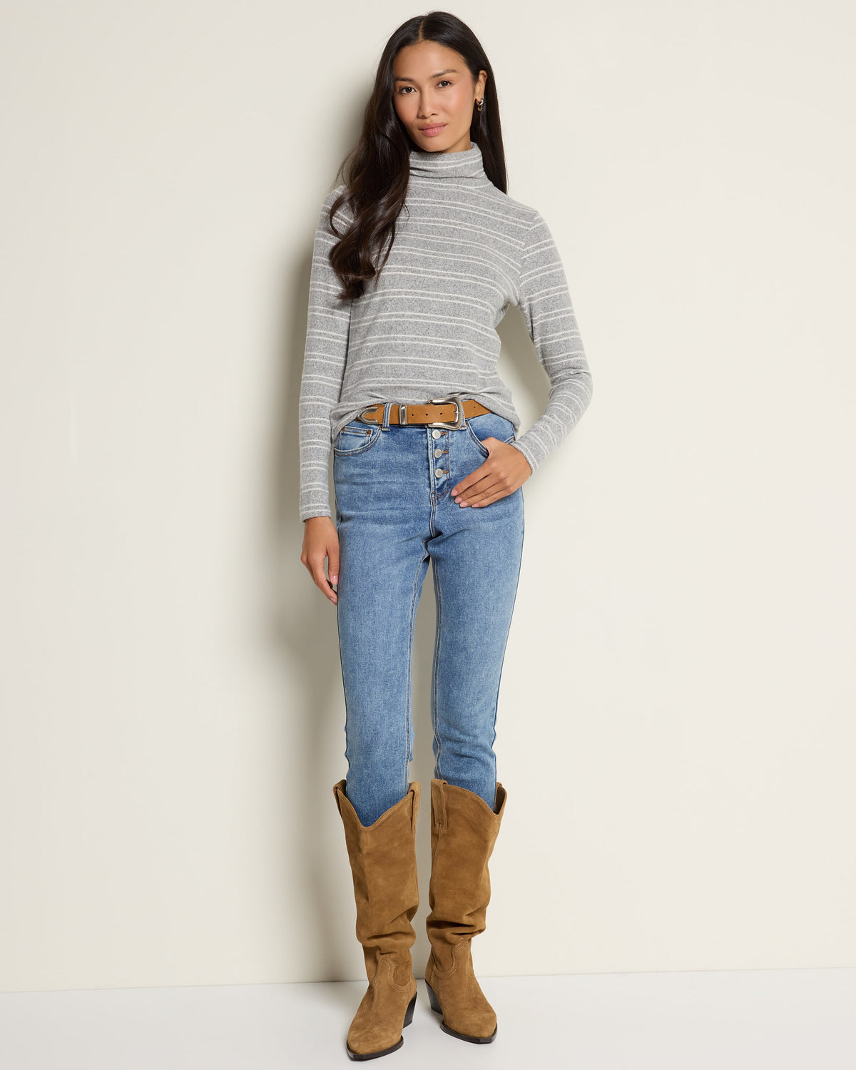 Heather Grey White $|& SEAS Elena Long Sleeve Turtleneck Top - UGC On Fig