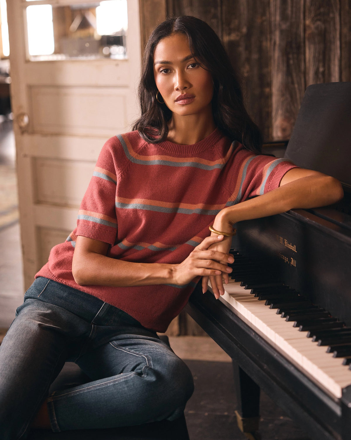 Red Earth Stripe $|& SEAS Amelie Raglan Sweater Top - SOF Side