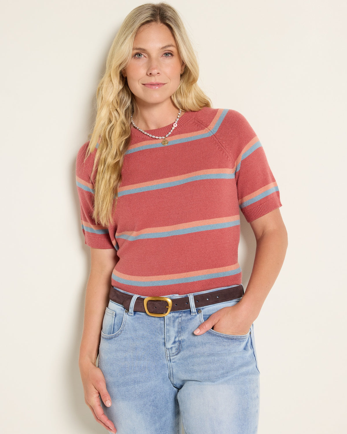 Red Earth Stripe $|& SEAS Amelie Raglan Sweater Top - SOF Front