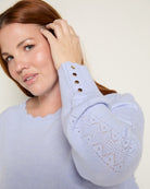 Corn Flower $|& Skies Are Blue Button Cuff And Scalloped Detail Knit Sweater - SOF Full Front