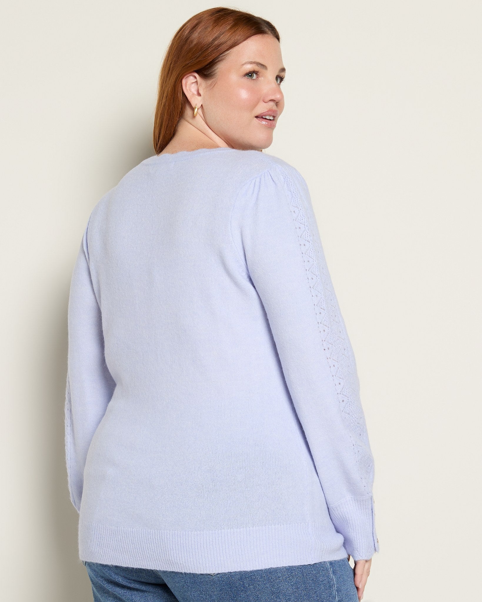 Corn Flower $|& Skies Are Blue Button Cuff And Scalloped Detail Knit Sweater - SOF Back