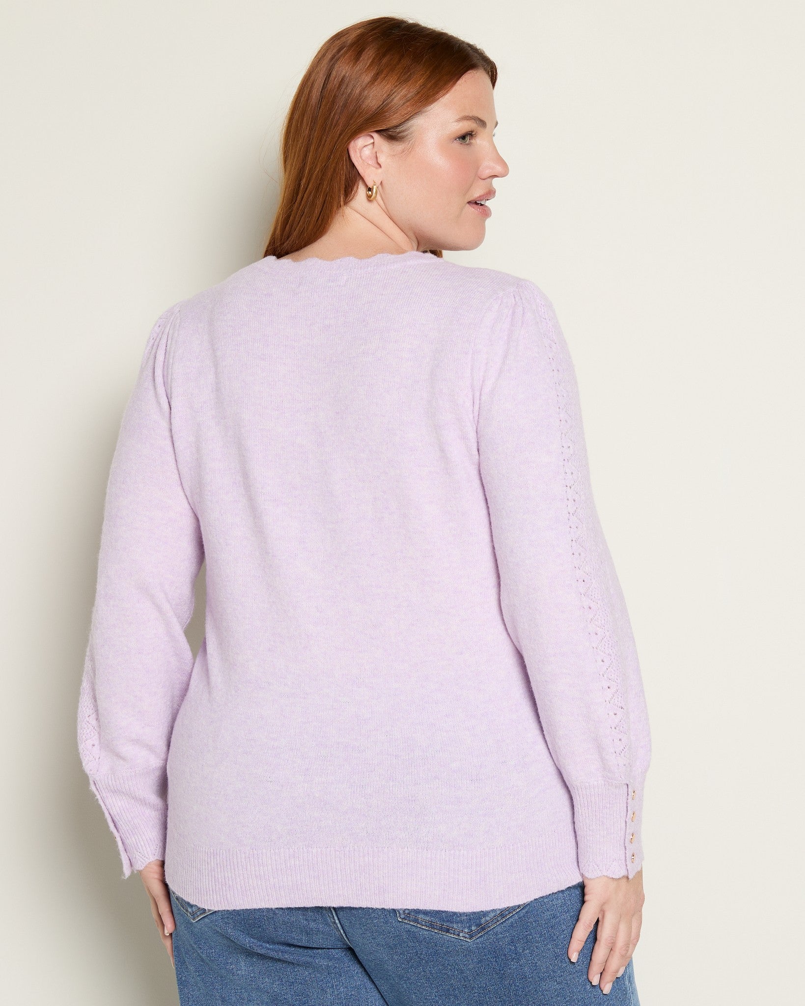 Lavender $|& Skies Are Blue Button Cuff And Scalloped Detail Knit Sweater - SOF Back