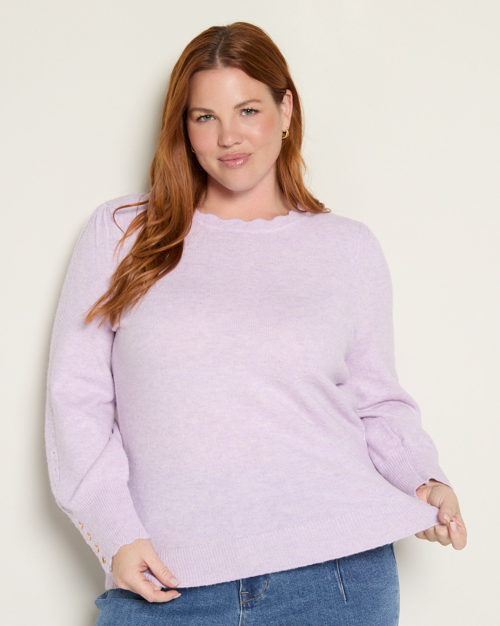 Lavender $|& Skies Are Blue Button Cuff And Scalloped Detail Knit Sweater - SOF Front