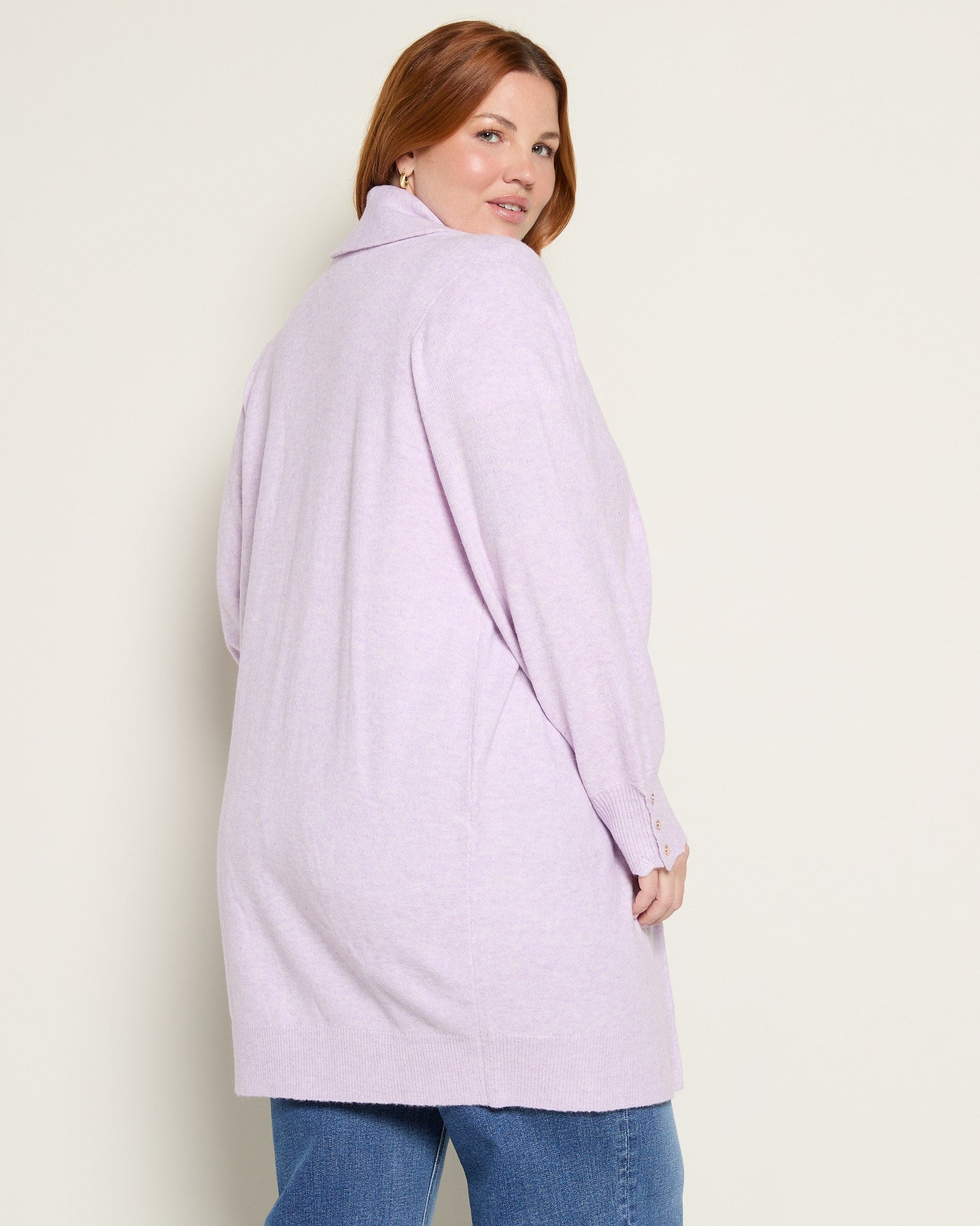 Lavender $|& Skies Are Blue Button Detail Long Open Knit Cardigan - SOF Back