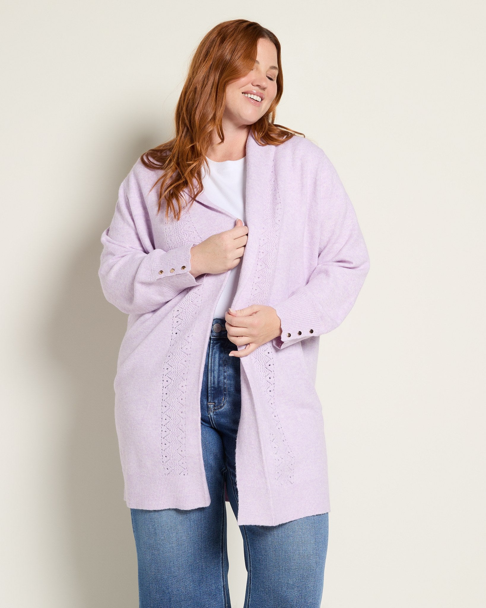 Lavender $|& Skies Are Blue Button Detail Long Open Knit Cardigan - SOF Front