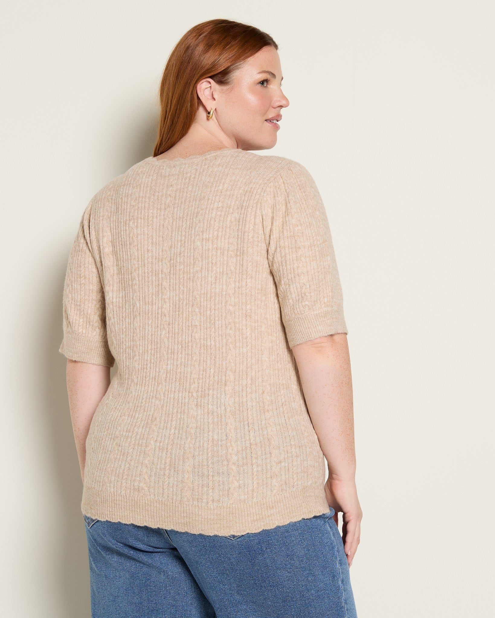 Beige $|& Skies Are Blue Short Sleeve Cable Knit Sweater Top - SOF Back