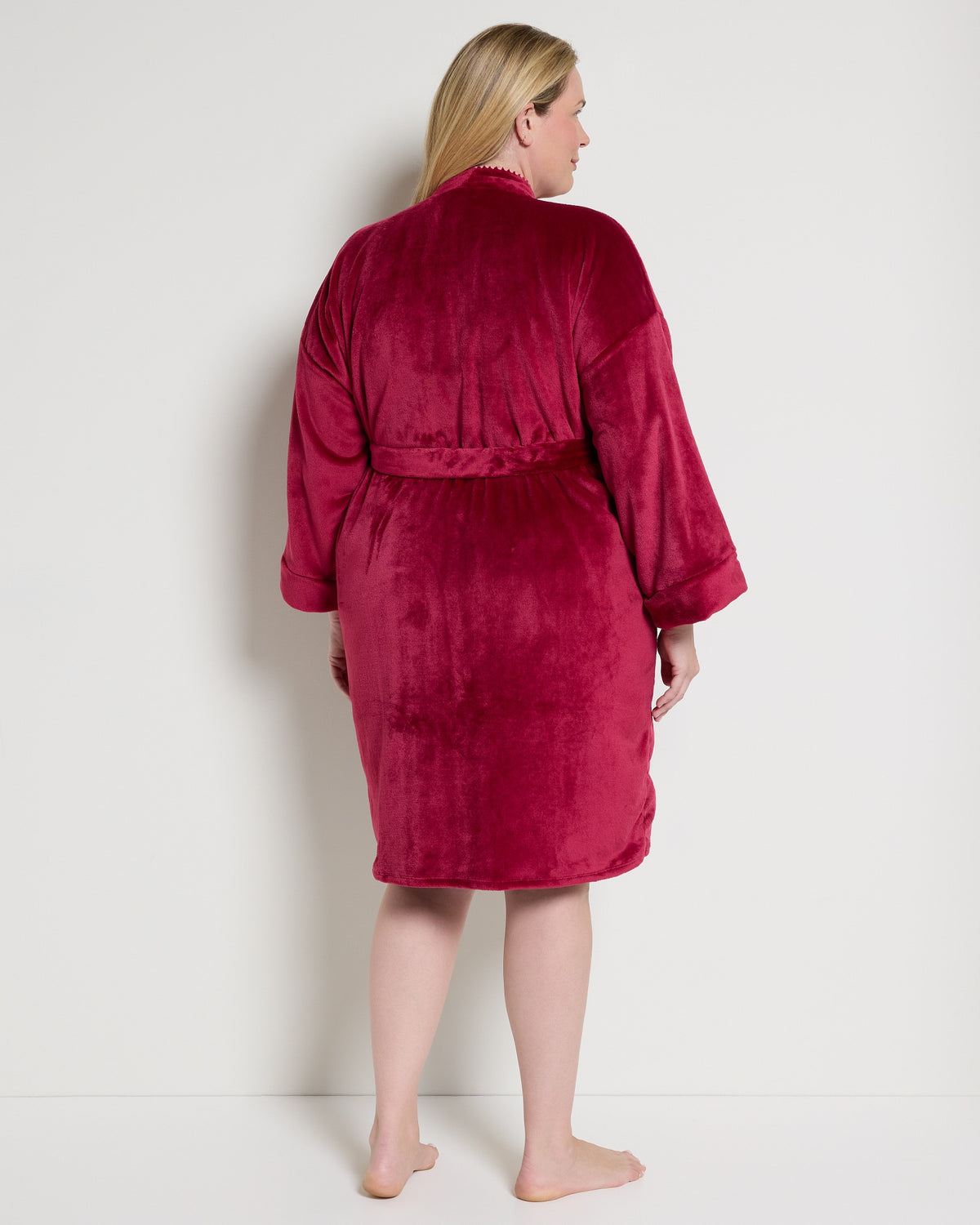Rhubarb/Pink $|& Bobeau Double Sided Plush Whipstitch Long Sleeve Robe - SOF Back