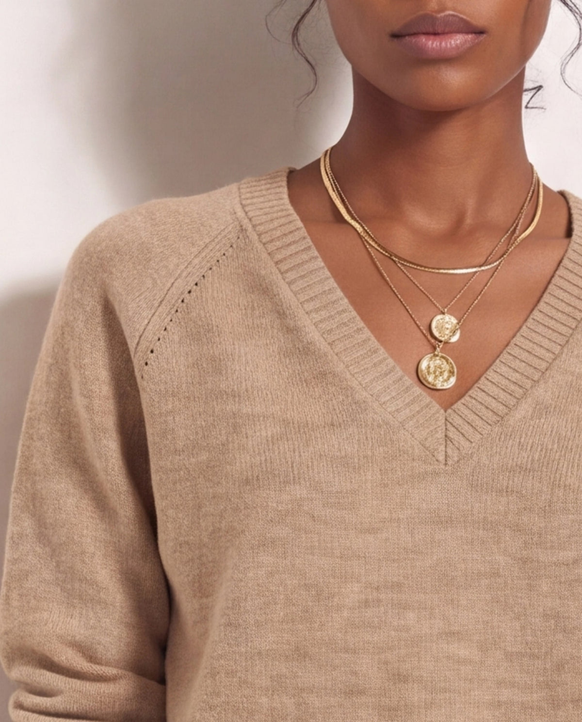 Heather Wet Sand $|& SEAS Madelyn V-Neck Sweater - SOF Full Front