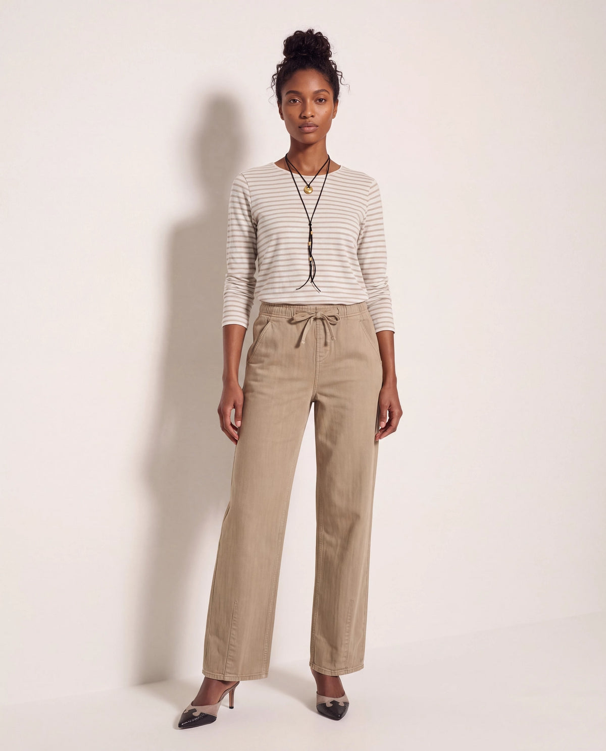 Cream Taupe $|& SEAS Frances Striped Long Sleeve Top - VOF Front