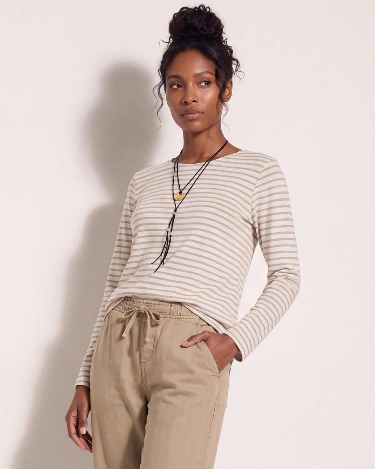 Cream Taupe $|& SEAS Frances Striped Long Sleeve Top - SOF Front