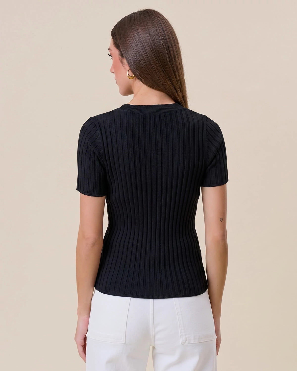 Black $|& ABLE Essential Ribbed Cardigan Top - Hanger Side