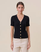 Black $|& ABLE Essential Ribbed Cardigan Top - VOF Detail