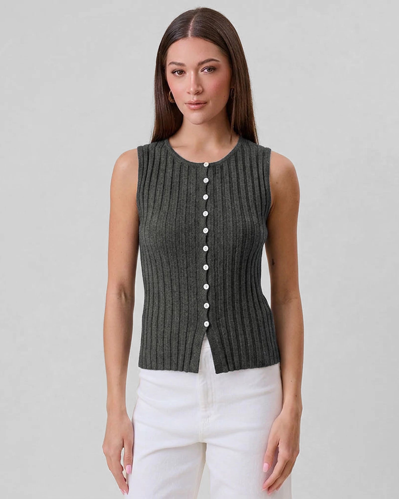 Charcoal $|& ABLE Ribbed Sleeveless Button Top - VOF Detail