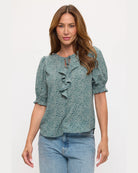 Green Dots $|& West Kei Printed Woven Smocked Sleeve Front Ruffle Top - VOF Detail