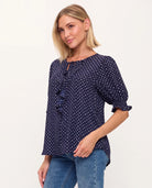 Navy White Dots $|& West Kei Printed Woven Smocked Sleeve Front Ruffle Top - VOF Detail