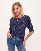 Navy White Dots $|& West Kei Printed Woven Smocked Sleeve Front Ruffle Top - VOF Detail