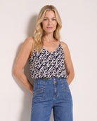 Navy Abstract $|& West Kei Sleeveless V-Neck Knit Printed Cami Top - SOF Front