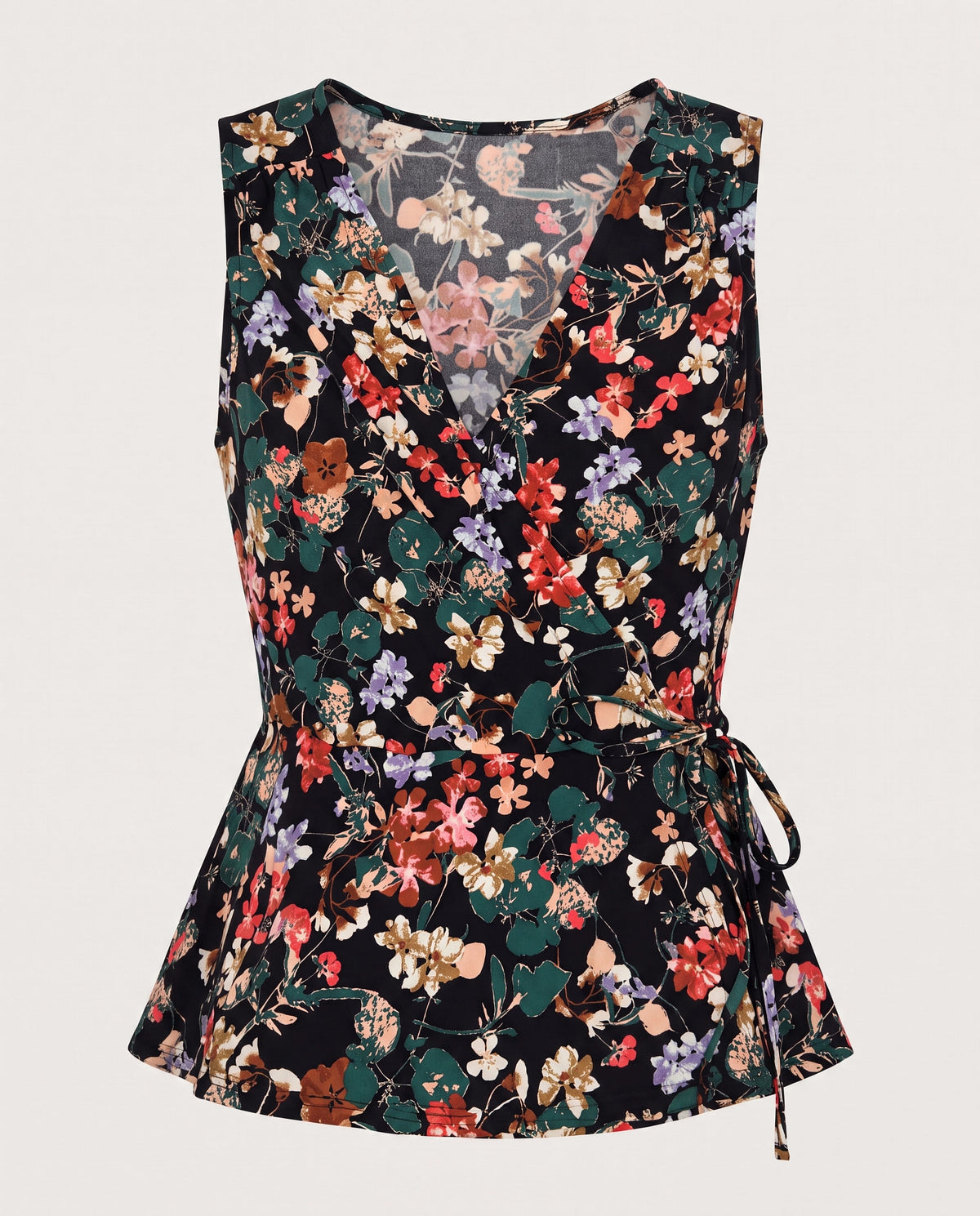 Black Red Floral $|& West Kei Floral Knit Sleeveless Wrap Top - Hanger Detail