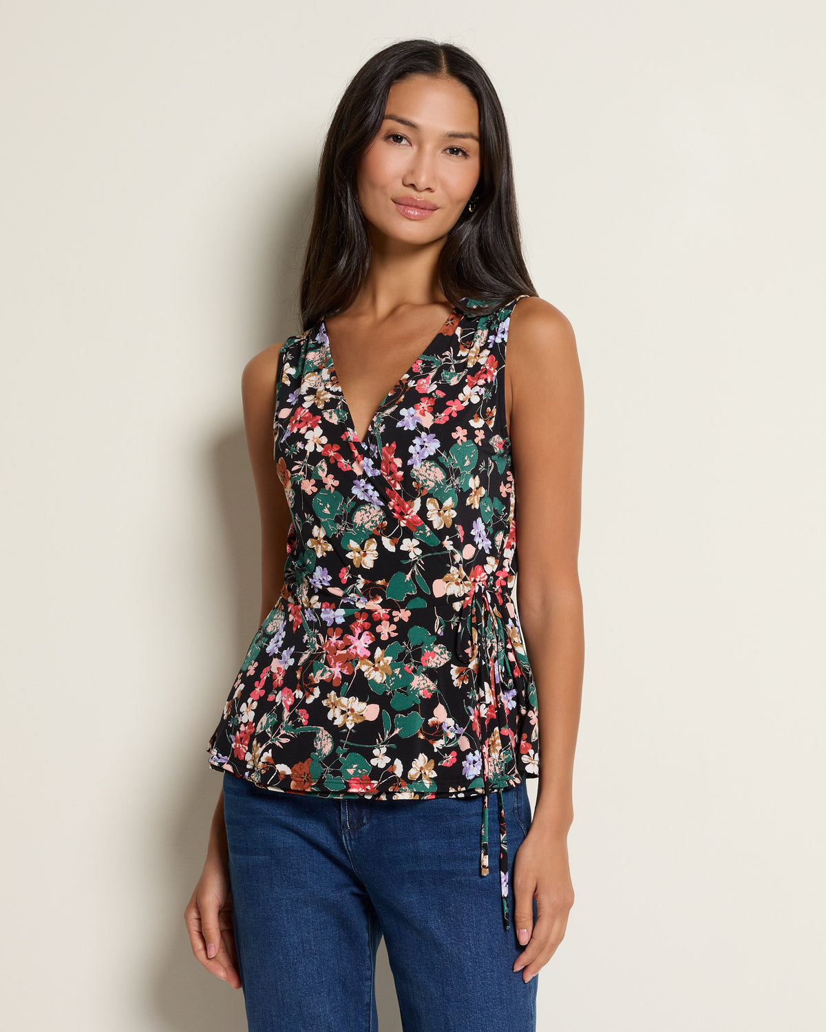 Black Red Floral $|& West Kei Floral Knit Sleeveless Wrap Top - SOF Front
