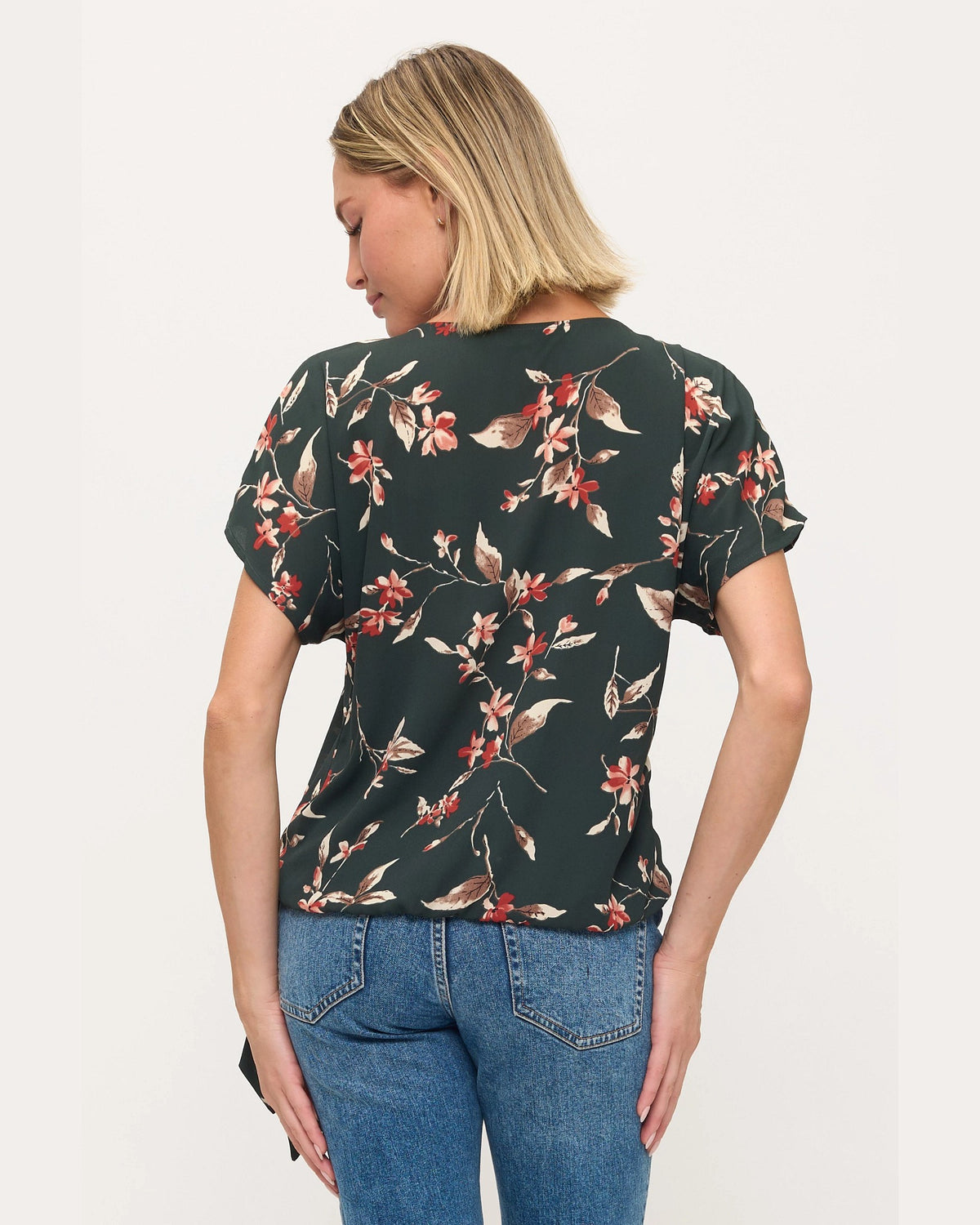 Green Floral $|& West Kei Floral Woven Short Sleeve Surplice Top - Hanger Side