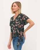 Green Floral $|& West Kei Floral Woven Short Sleeve Surplice Top - Hanger Front
