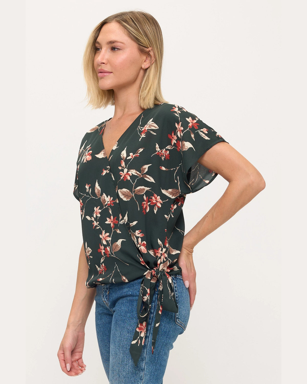 Green Floral $|& West Kei Floral Woven Short Sleeve Surplice Top - Hanger Front
