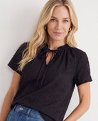 Black $|& Loveappella Ruffle Tie Short Sleeve Top - SOF Full Front