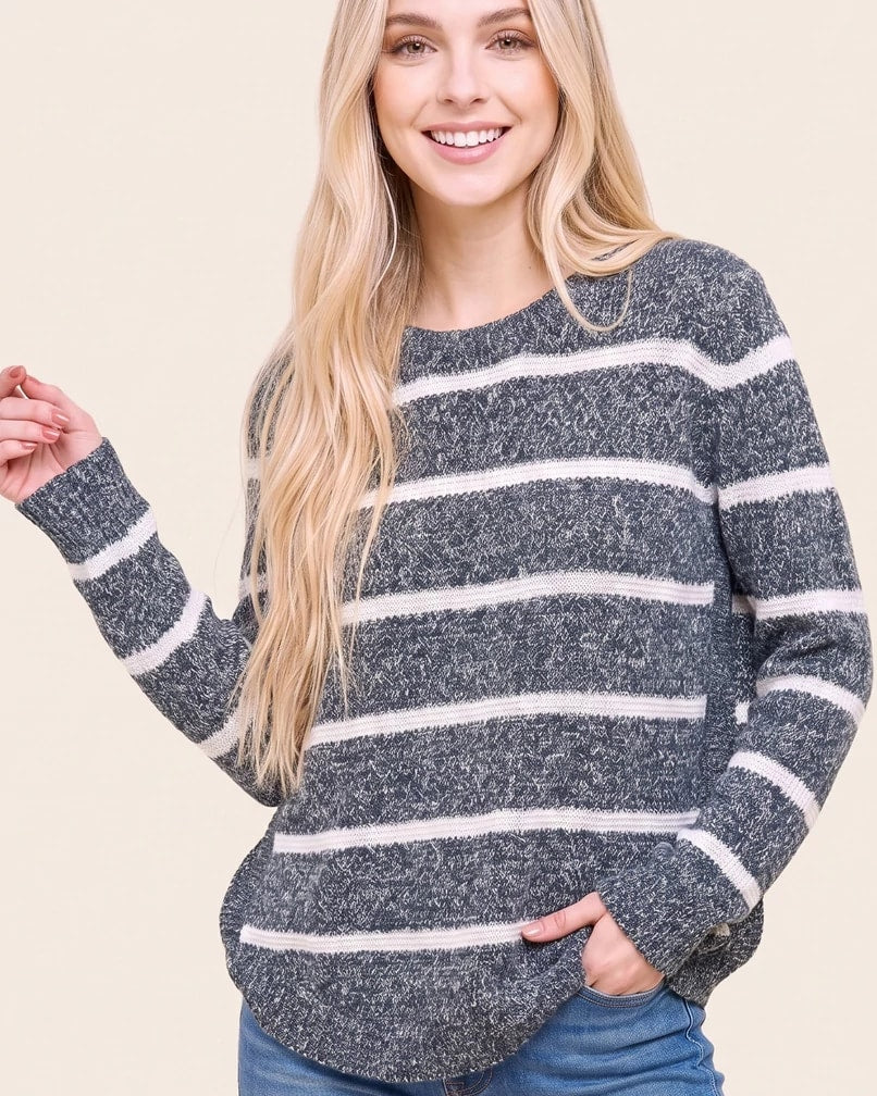 Teal/Ivory $|& Staccato Waffle Stripe Pullover Sweater - VOF Detail
