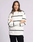 Ivory Black Stripe $|& Thread & Supply Martina Striped Oversized Crew - VOF Detail