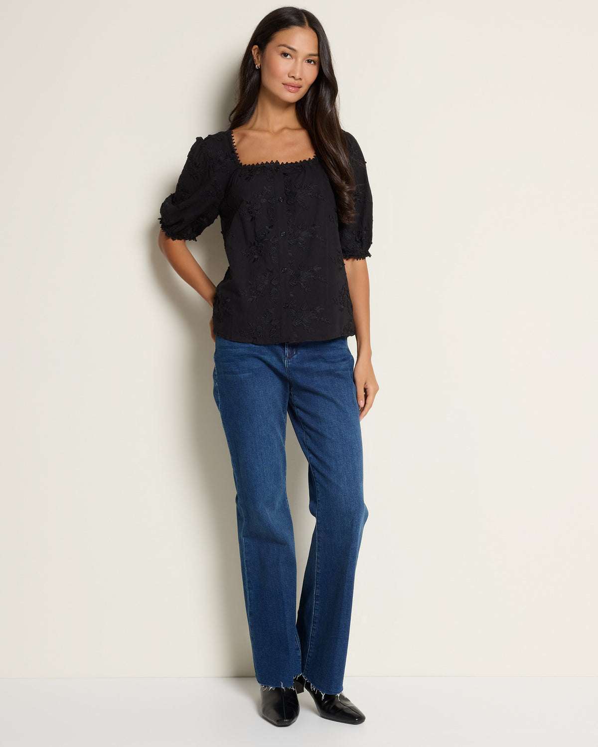 Black $|& West Kei Embroidered Button Down Blouse - UGC On Fig