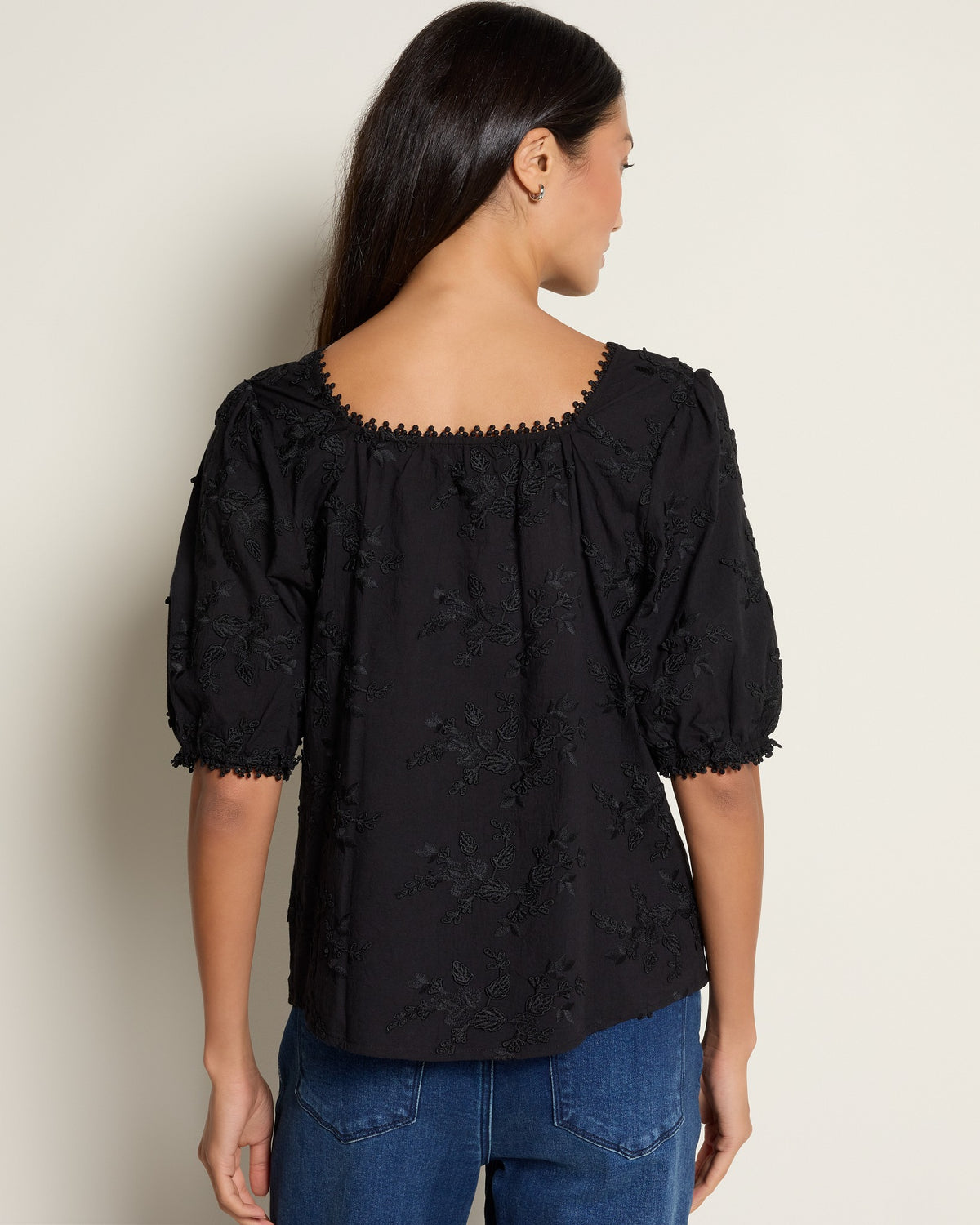 Black $|& West Kei Embroidered Button Down Blouse - SOF Back