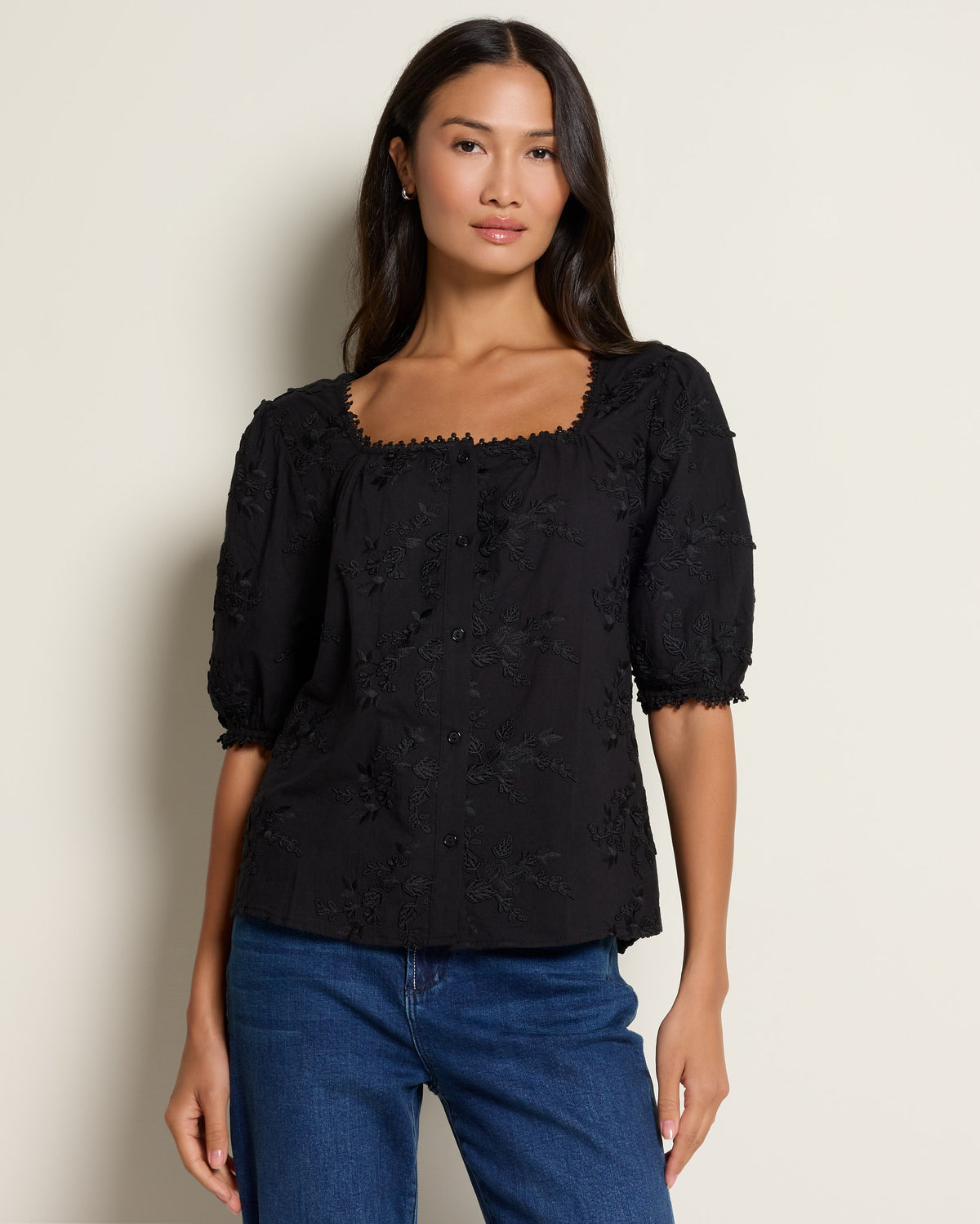 Black $|& West Kei Embroidered Button Down Blouse - SOF Front