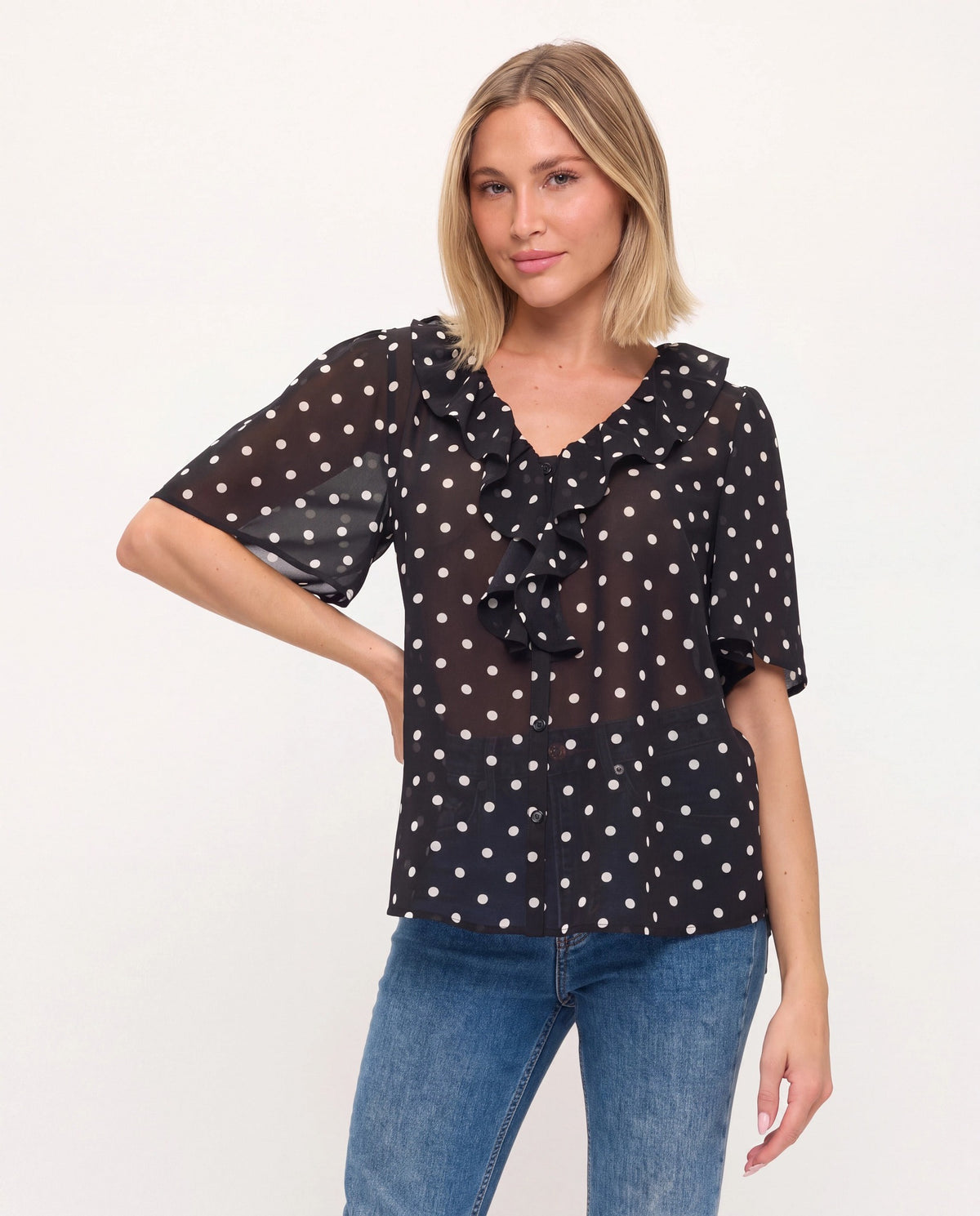 Black Dot $|& West Kei Cascading Ruffle Neck Blouse - VOF Detail