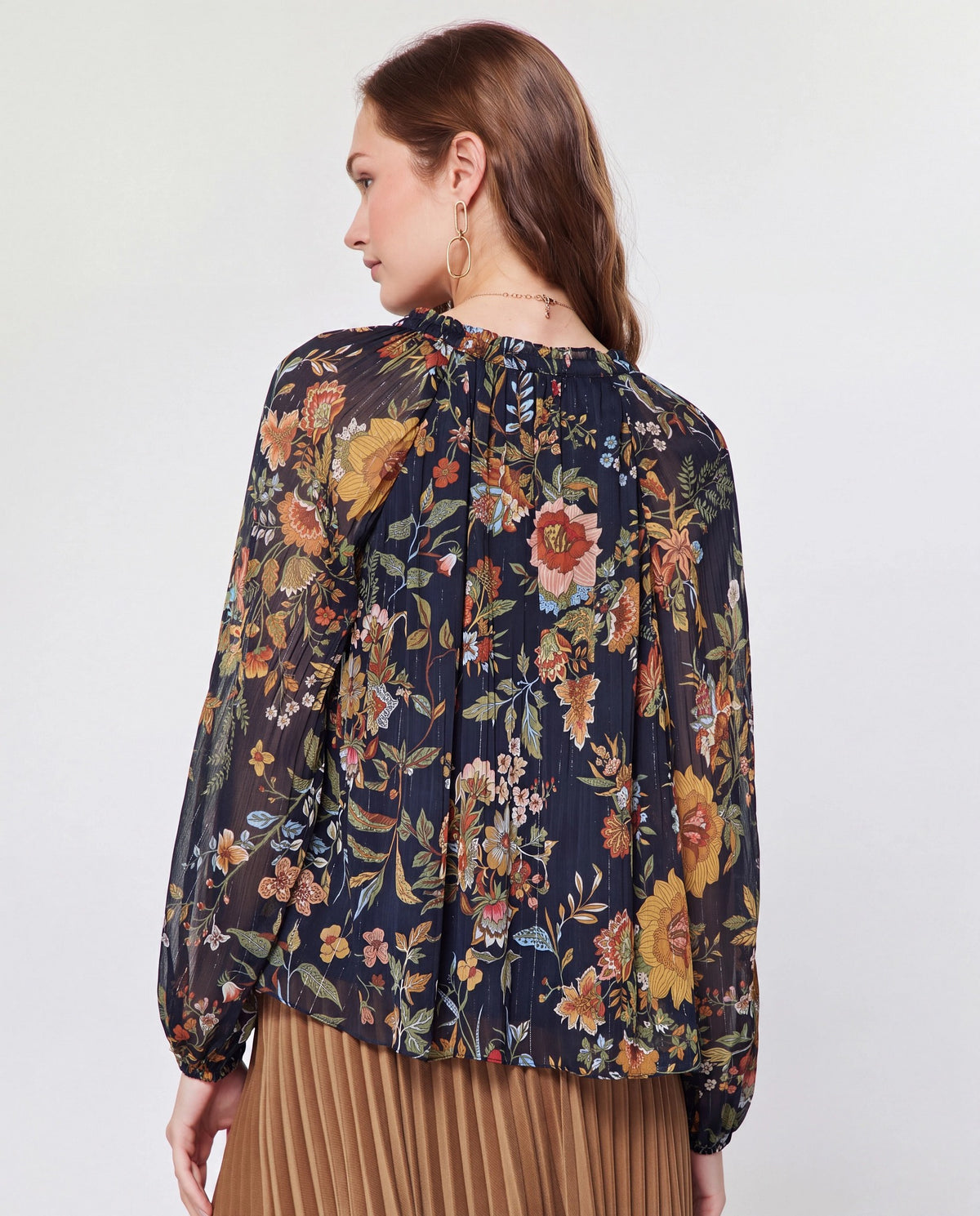 Navy Multi $|& Current Air Split Neck Floral Pleated Blouse - Hanger Side