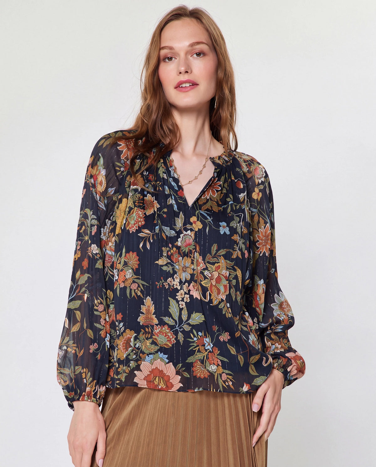 Navy Multi $|& Current Air Split Neck Floral Pleated Blouse - VOF Detail