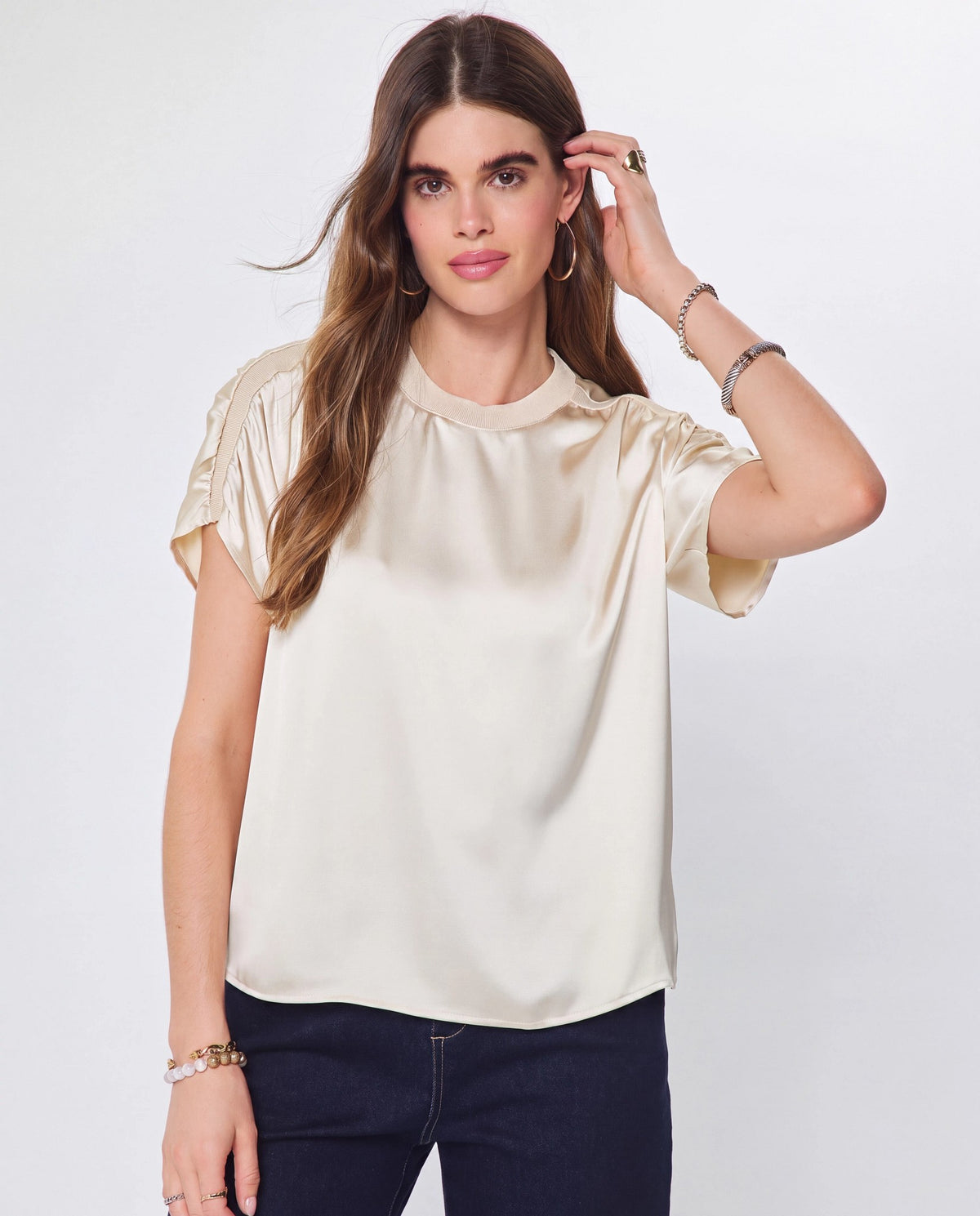 Ecru $|& Current Air Round Neck Blouse with Shirred Detail - VOF Detail