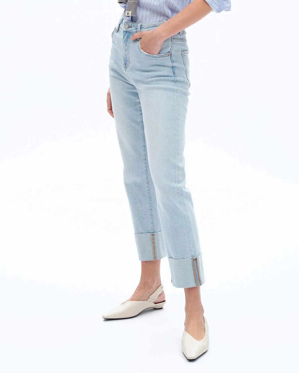 Light Blue $|& Bayeas High Rise Cuffed Straight Leg Jeans - Hanger Front