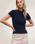 Navy $|& Skies Are Blue Short Sleeve Soft Knit Sweater Top - VOF Detail
