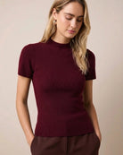 Burgundy $|& Skies Are Blue Short Sleeve Soft Knit Sweater Top - VOF Detail