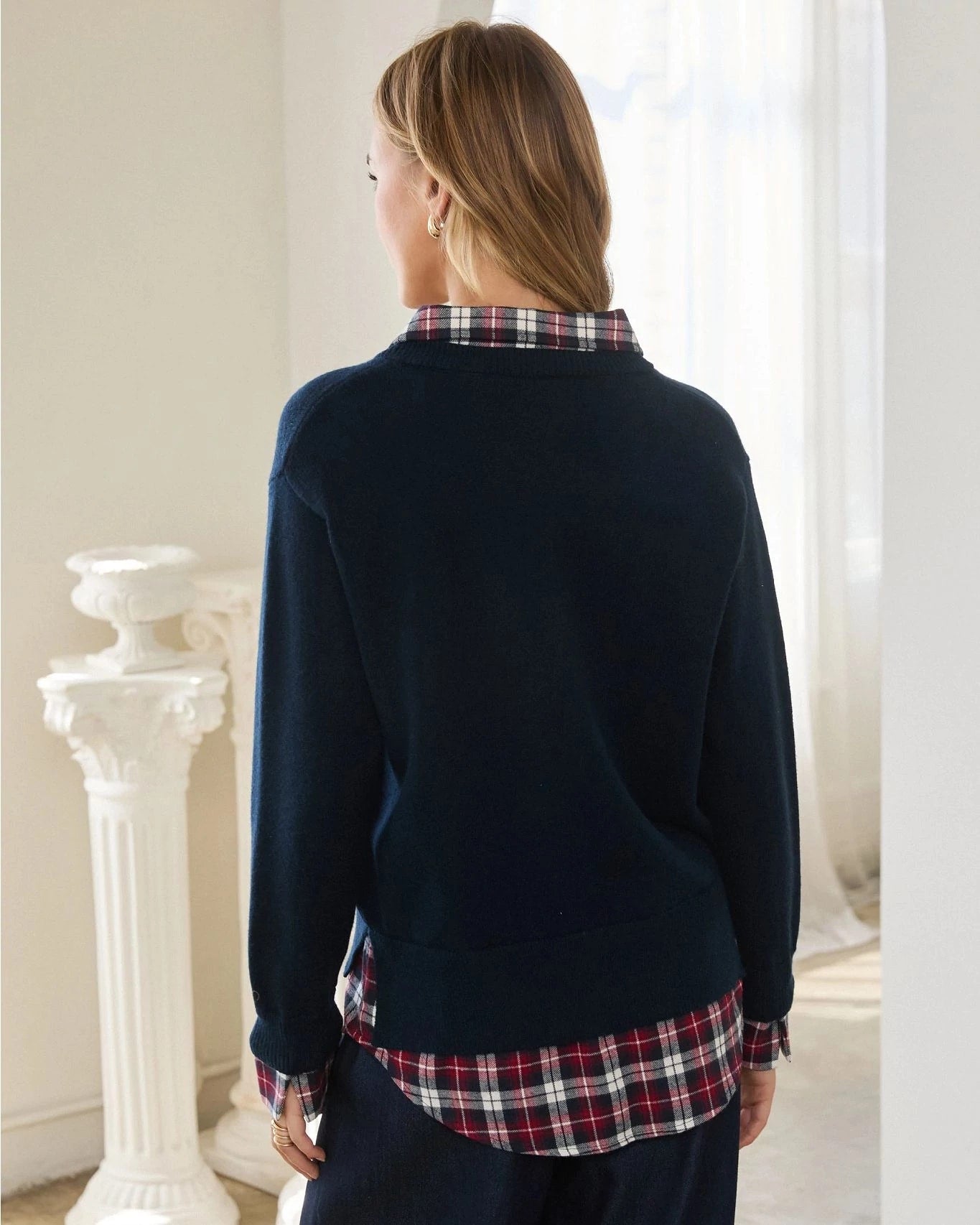 Navy Plaid $|& Skies Are Blue Layered V-Neck 2-In-1 Plaid Sweater - Hanger Side