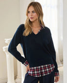 Navy Plaid $|& Skies Are Blue Layered V-Neck 2-In-1 Plaid Sweater - VOF Detail