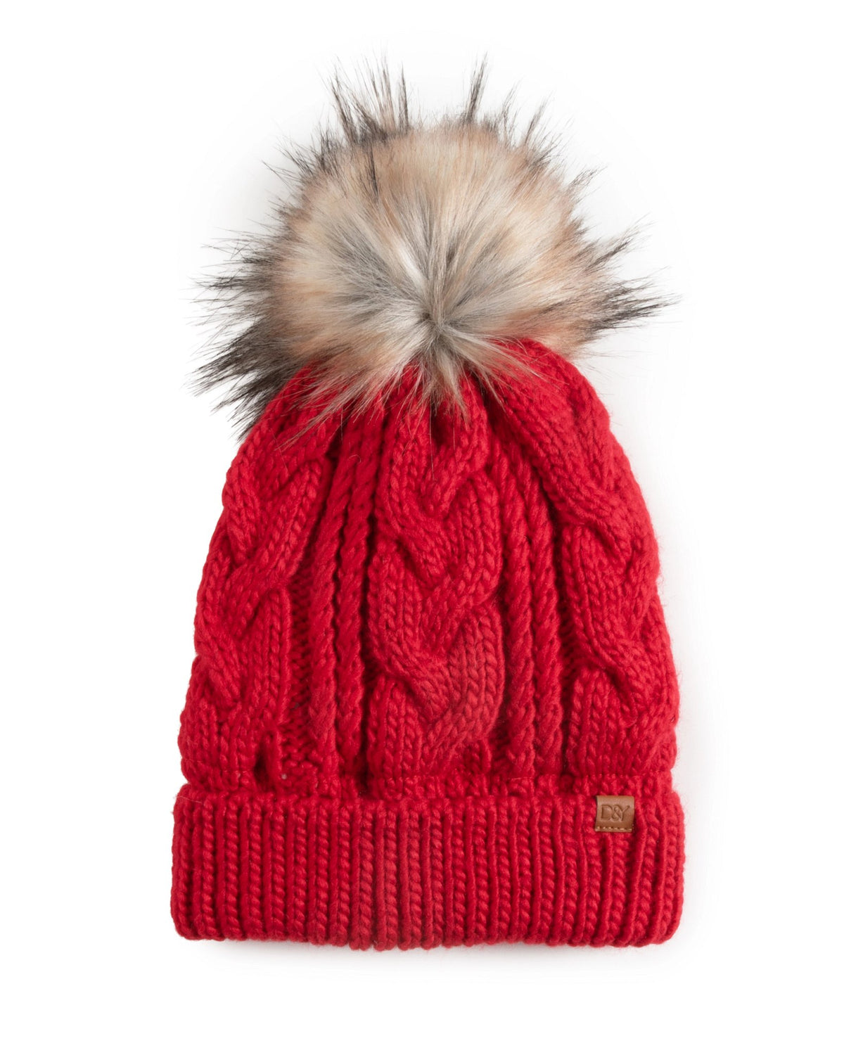 Red $|& David & Young Knit Beanie with Faux Fur Pom & Lining - VOF Detail