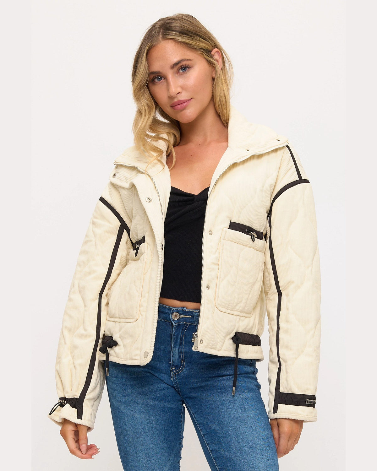 Cream Black $|& Coalition Corduroy Jacket With Piping and Trim - VOF Detail