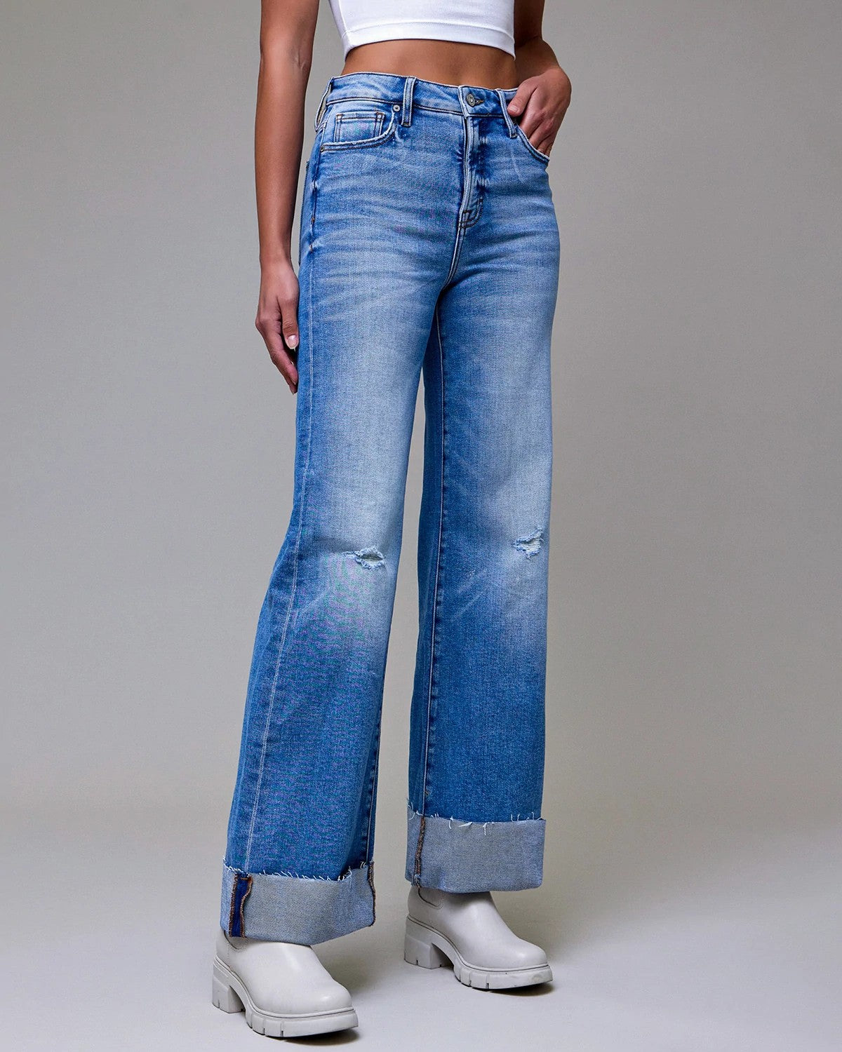 Medium Light $|& Hidden High Rise Comfort Flare with Cuffs - Hanger Front