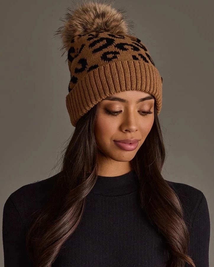 Brown $|& Panache Apparel Camel Leopard Printed Knit Pom Hat - Hanger Front