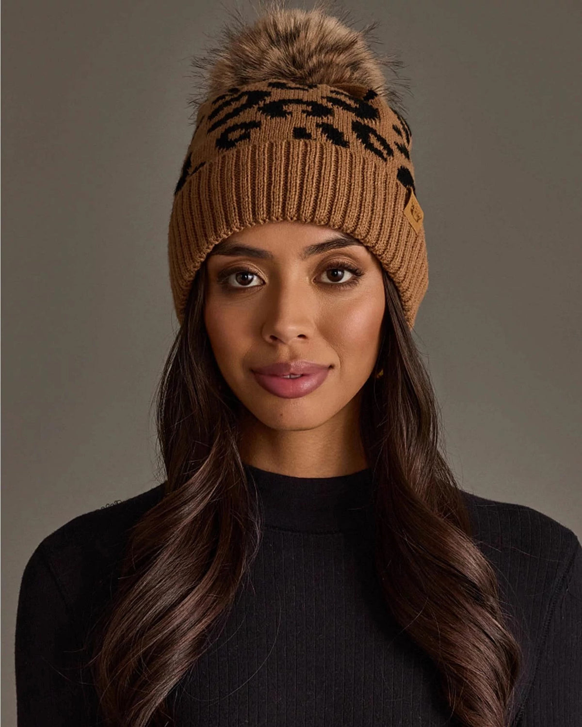 Brown $|& Panache Apparel Camel Leopard Printed Knit Pom Hat - VOF Detail
