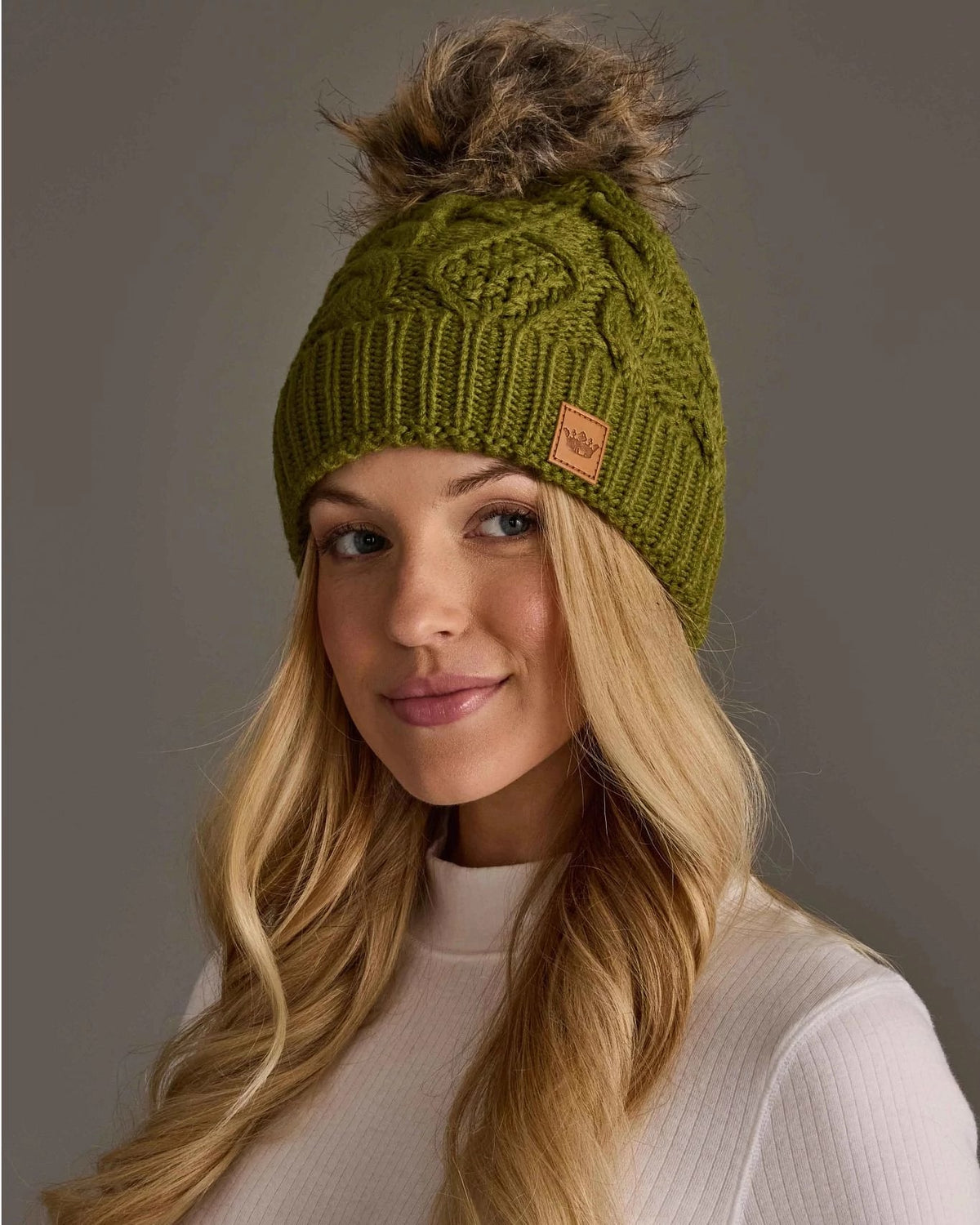 Matcha $|& Panache Apparel Olive Cable Pom Hat - VOF Detail